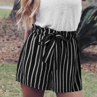 SweatyRocks Black High Waist Bow Decor Striped Paperbag Shorts Women Streetwear Wide Leg Casual Shorts Womens Summer Shorts