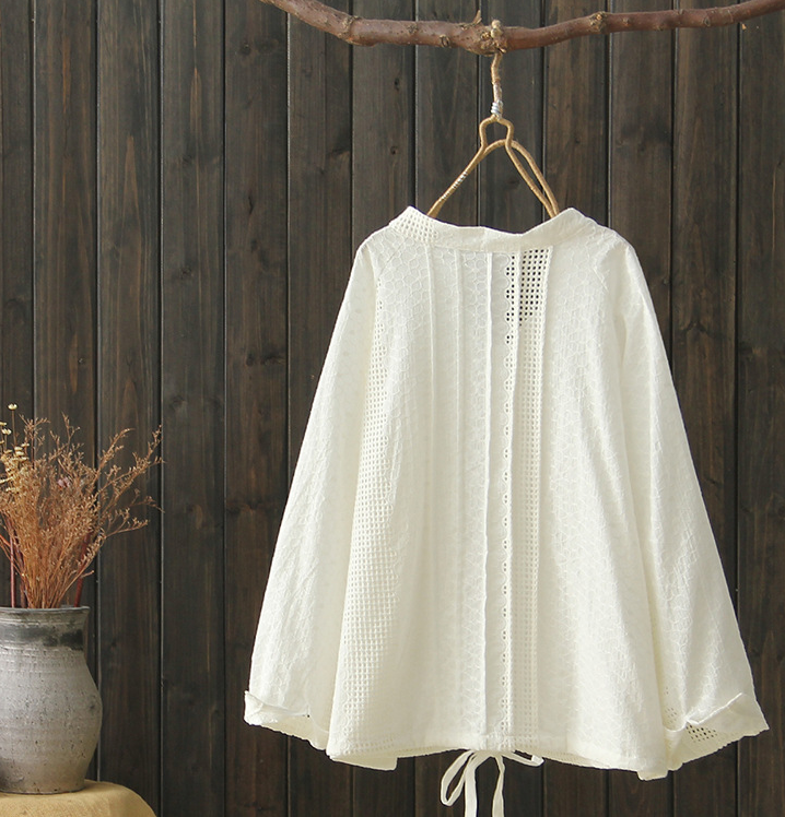 Embroidered Hollow Pure Color Shirts Cerulean Phaedra