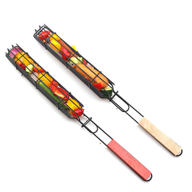 New Mesh Wooden Handle Sausage Clip Barbecue BBQ Tool Rack GND Products