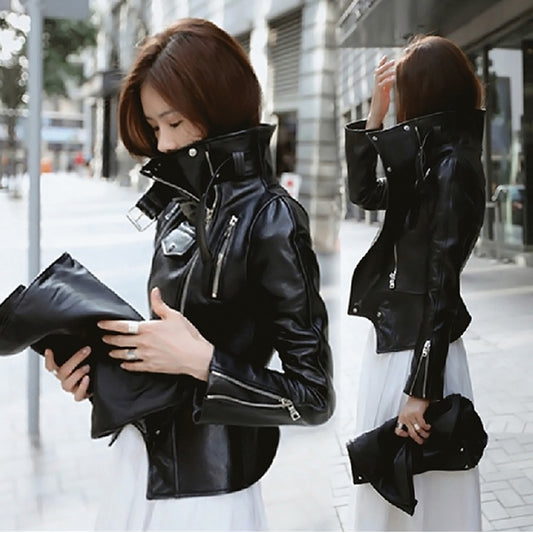 Leather women's jacket autumn new Korean students Slim thin motorcycle leather jacket high waist Saor Style