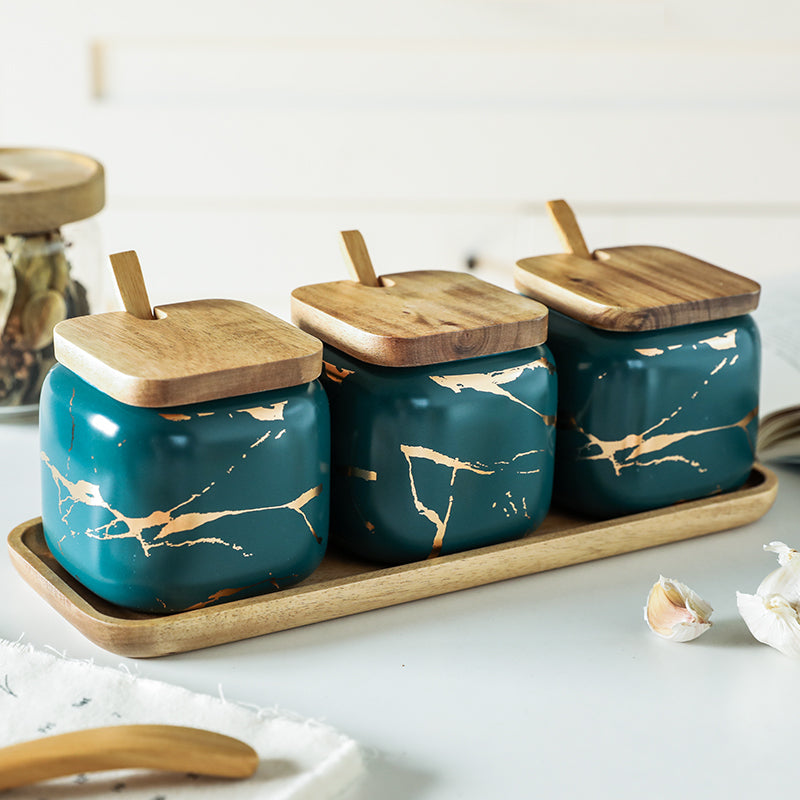 Gold Marble Jar Set with Wooden Lid