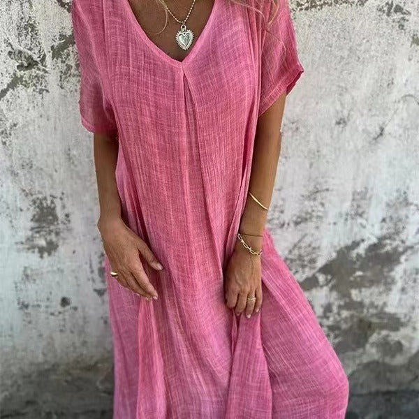 Women's Fashion Temperament Cotton Linen V-neck Semi-formal Dress Saor Style