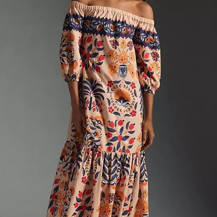 Women's Summer Vintage Printing Loose Pockets Dress Saor Style