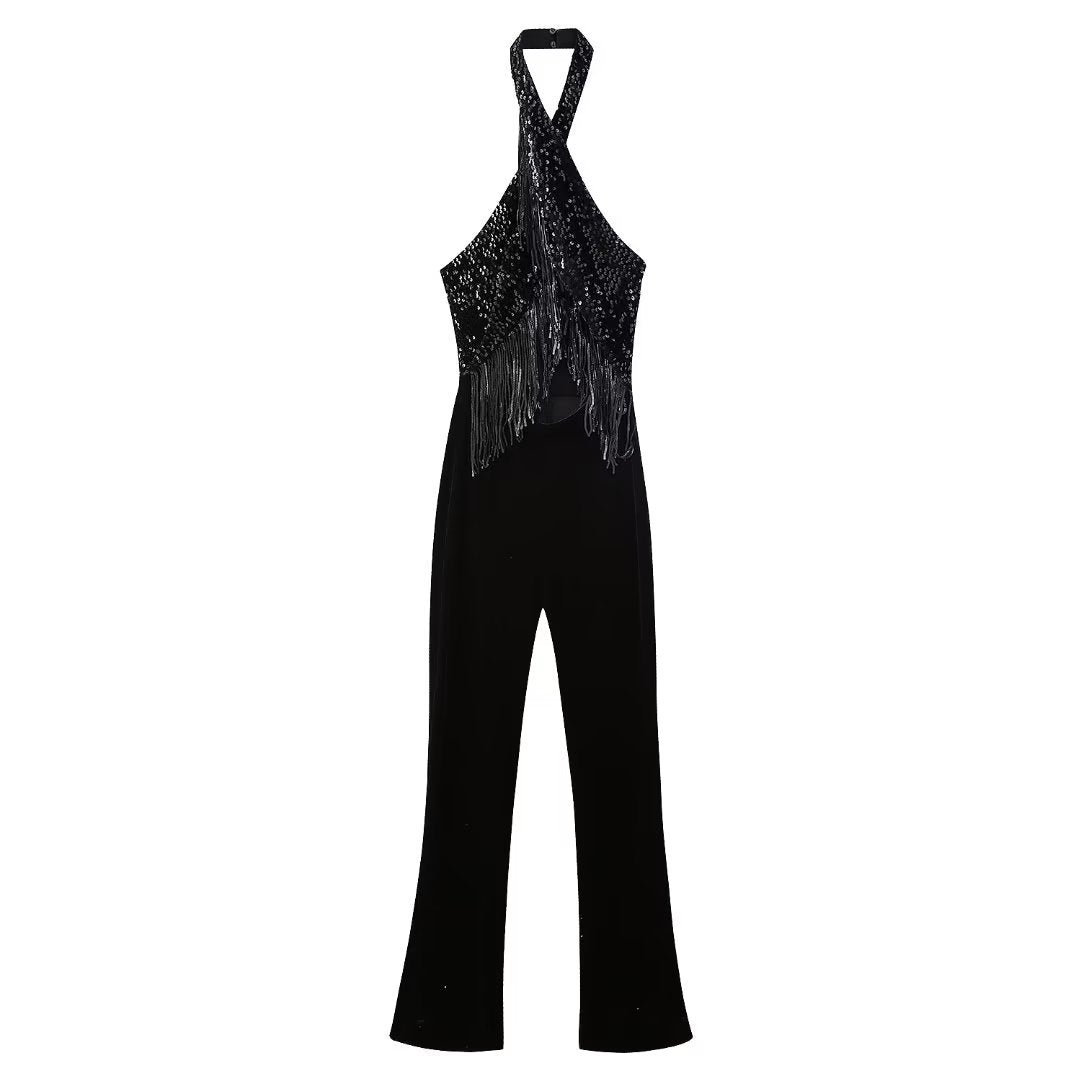 Halter Backless Tassel Beads Decoration Jumpsuit
