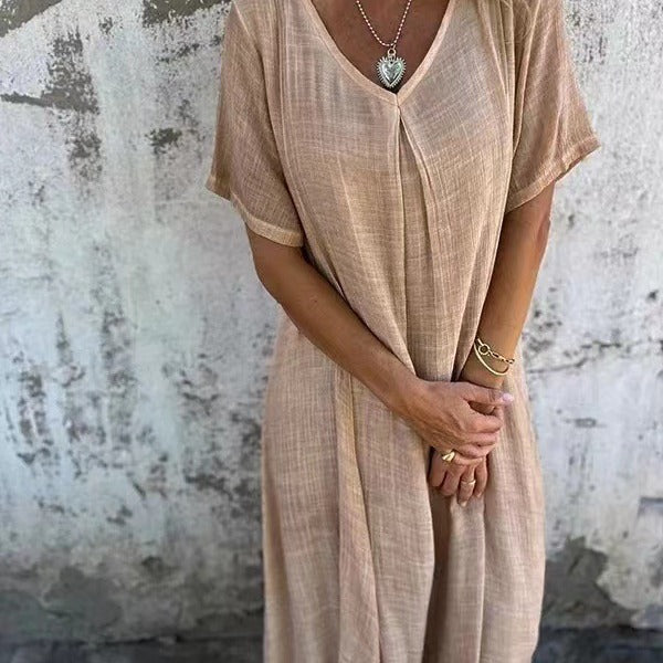 Women's Fashion Temperament Cotton Linen V-neck Semi-formal Dress Saor Style