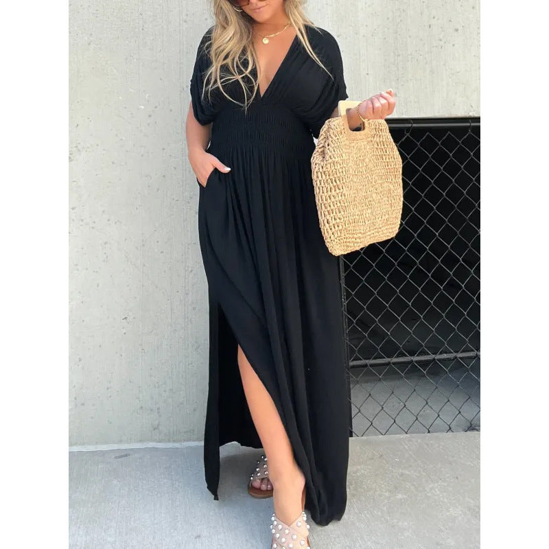 Pleating Slit Loose Beach Dress Saor Style