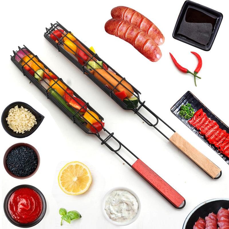 New Mesh Wooden Handle Sausage Clip Barbecue BBQ Tool Rack GND Products