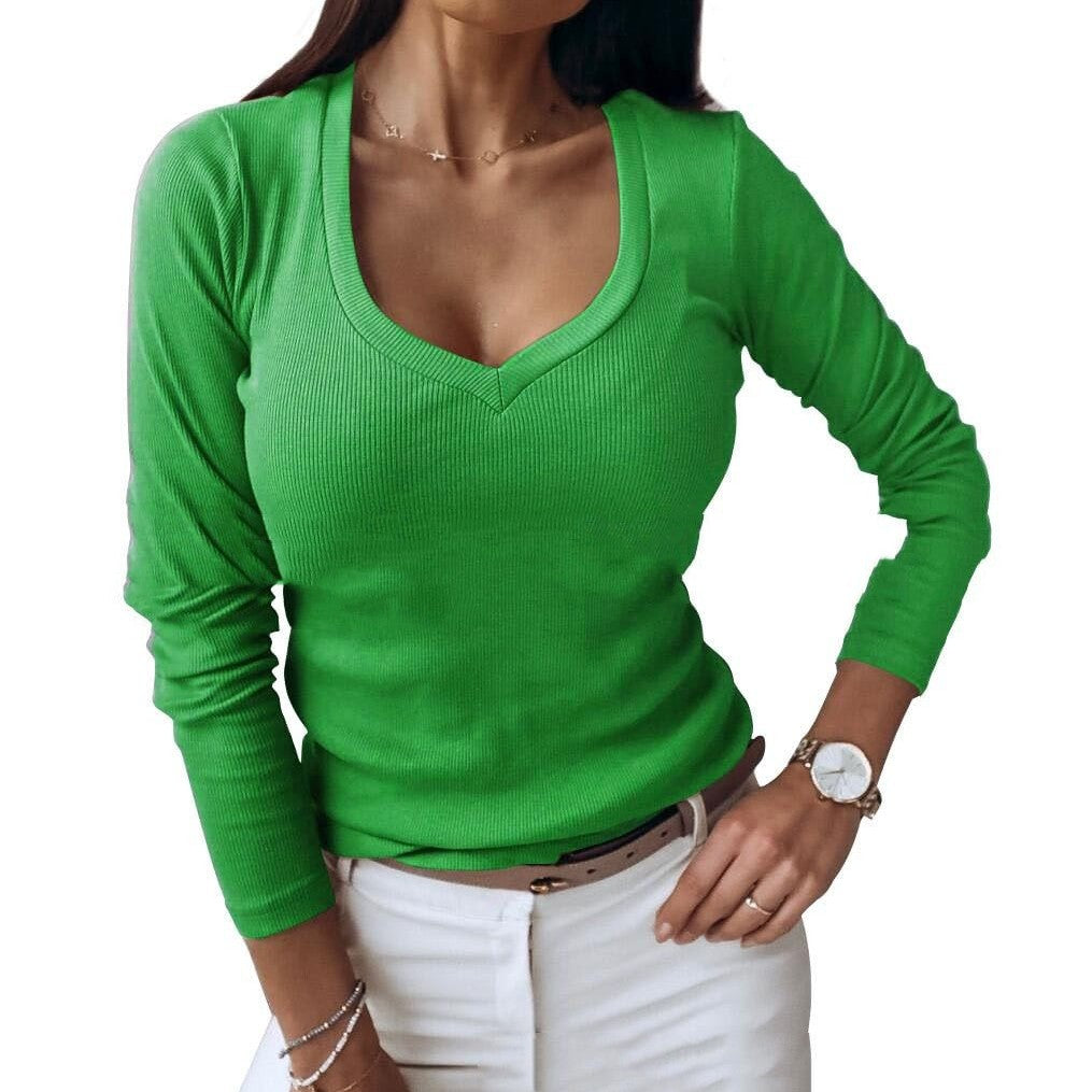 Women's V-neck Ribbed Long-sleeved Shirt Saor Style