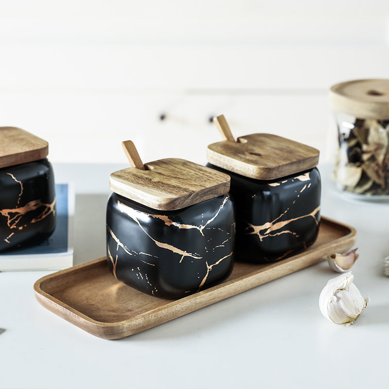 Gold Marble Jar Set with Wooden Lid