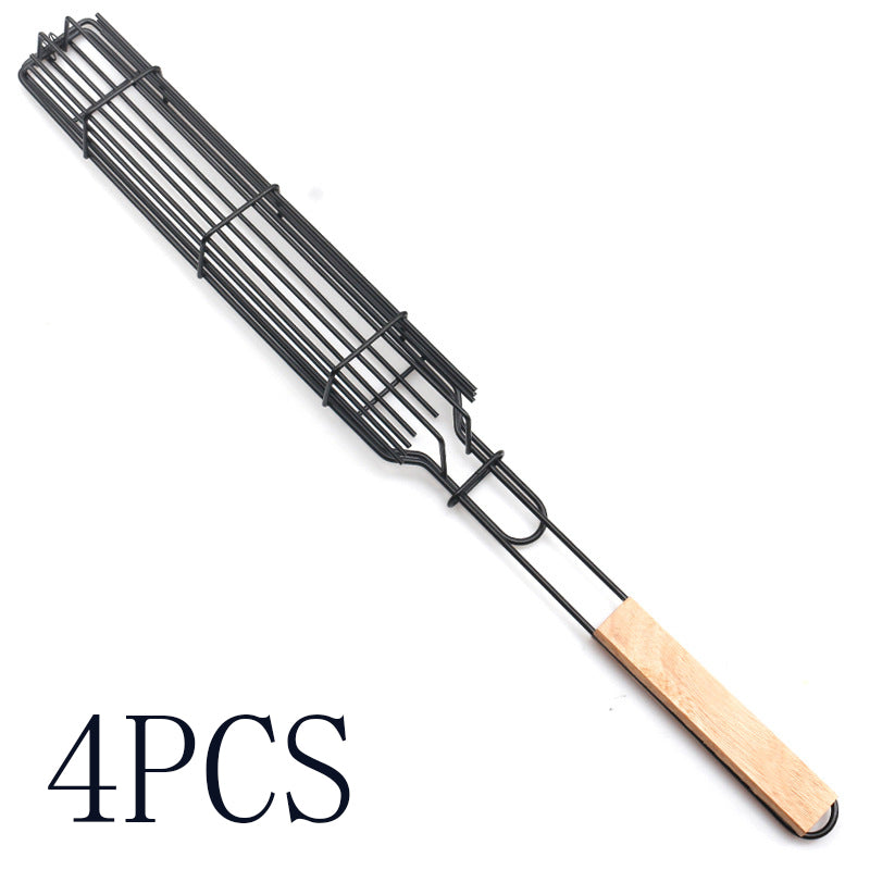 New Mesh Wooden Handle Sausage Clip Barbecue BBQ Tool Rack GND Products