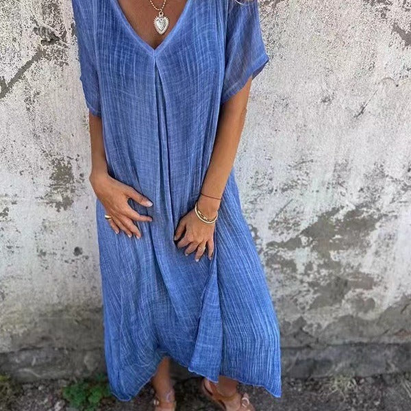 Women's Fashion Temperament Cotton Linen V-neck Semi-formal Dress Saor Style
