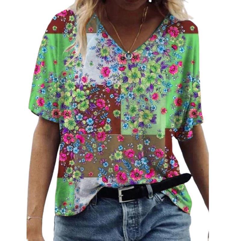 Independent Station Floral Print Pullover V-neck Short Sleeve T-shirt Saor Style