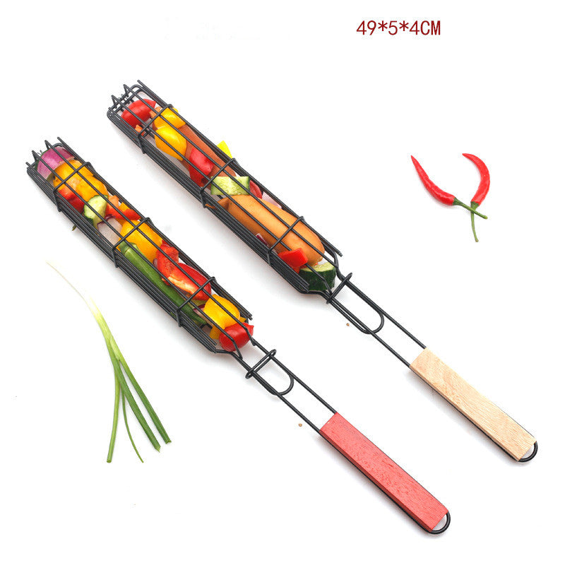 New Mesh Wooden Handle Sausage Clip Barbecue BBQ Tool Rack GND Products