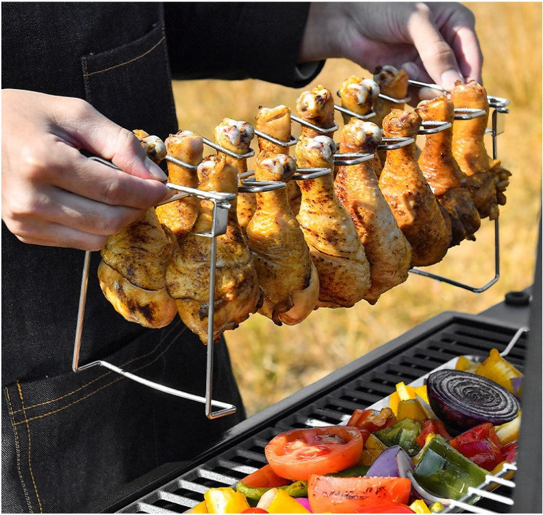 Portable Grilling Basket Mesh Clip 14 Slot Stainless Steel BBQ Rib Shelf Non-Stick Barbecue Chicken Wing Leg Rack GND Products