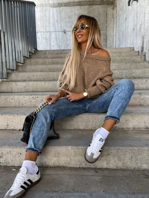 Strapless Round Neck Pullover Knitting Temperament Commute Loose Sweater Saor Style
