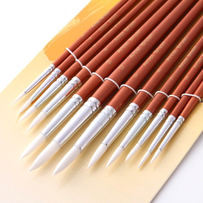 12Pcs  Lot Round Shape Nylon Hair Wooden Handle Paint Brush Set Tool For Art School Watercolor Acrylic Painting GND Products