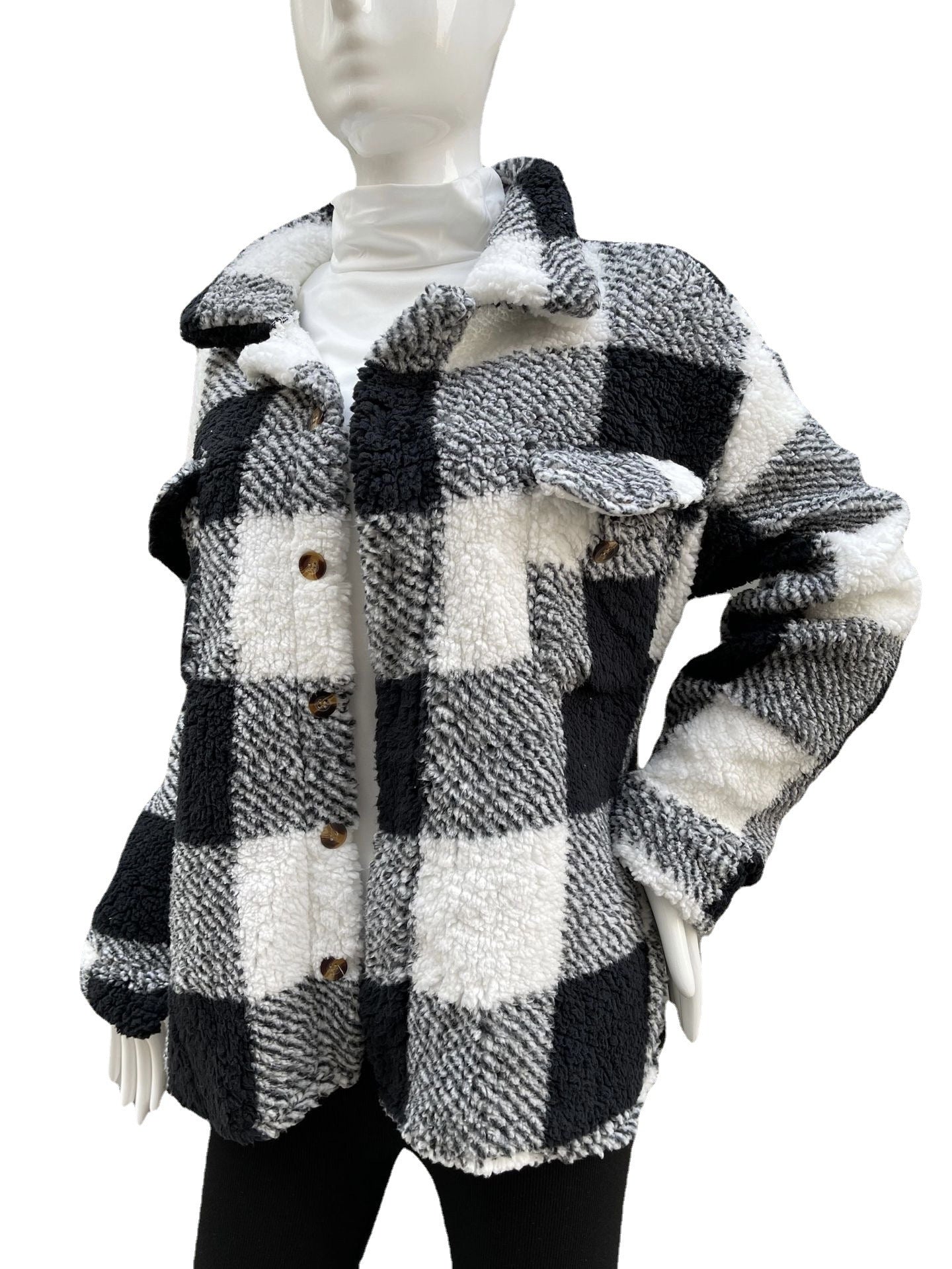 Autumn And Winter Long Sleeve Double Pocket Plaid Furry Coat Women Saor Style