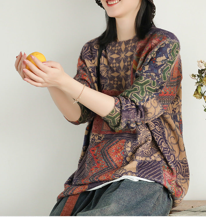 Retro Ethnic Style Long Sleeve Round Neck Pullover Sweater Saor Style