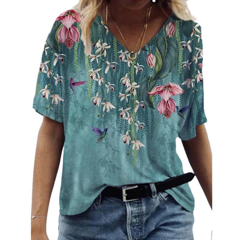 Independent Station Floral Print Pullover V-neck Short Sleeve T-shirt Saor Style