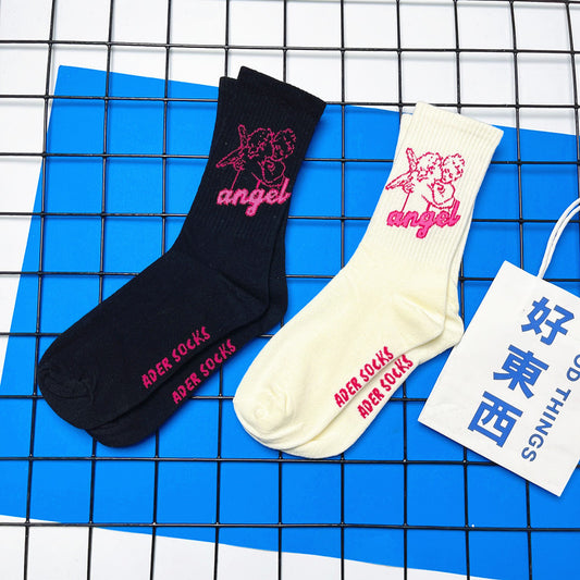 Angel Mid Tube Simplified Letters Sports Casual Trend Socks