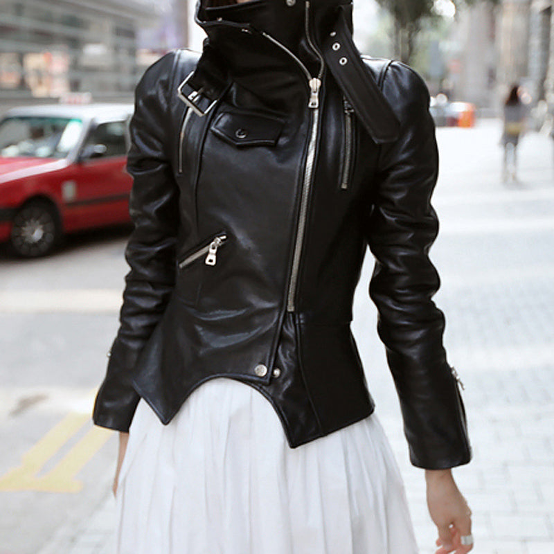 Leather women's jacket autumn new Korean students Slim thin motorcycle leather jacket high waist Saor Style
