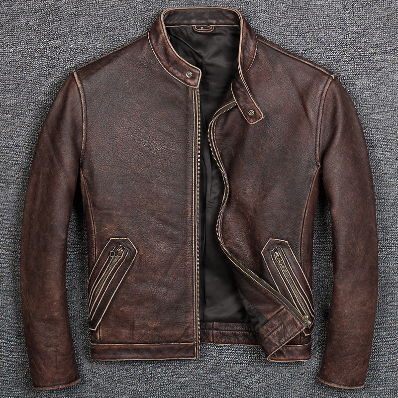 First Layer Cowhide Leather Leather Jacket, Pure Leather Jacket Saor Style