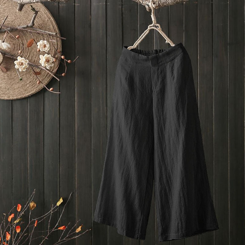 Elastic Waist Cotton And Linen Cropped Wide-leg Pants