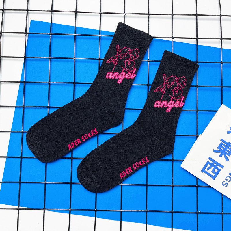 Angel Mid Tube Simplified Letters Sports Casual Trend Socks