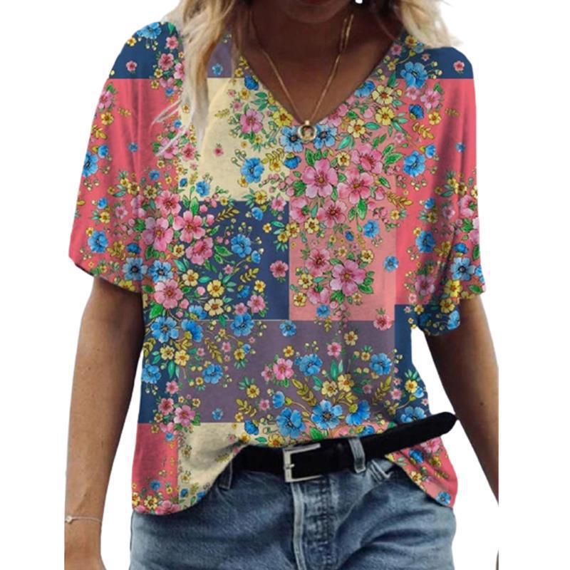 Independent Station Floral Print Pullover V-neck Short Sleeve T-shirt Saor Style