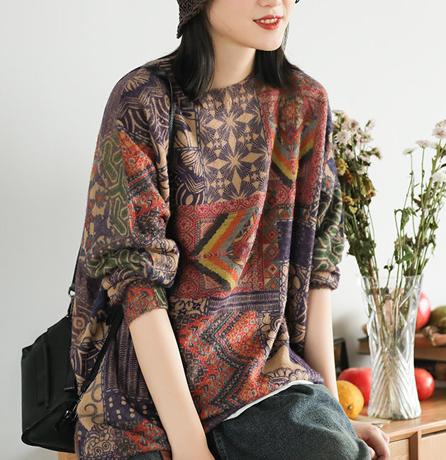 Retro Ethnic Style Long Sleeve Round Neck Pullover Sweater Saor Style