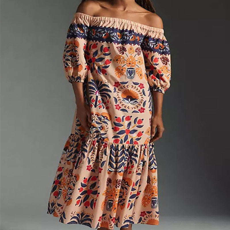 Women's Summer Vintage Printing Loose Pockets Dress Saor Style