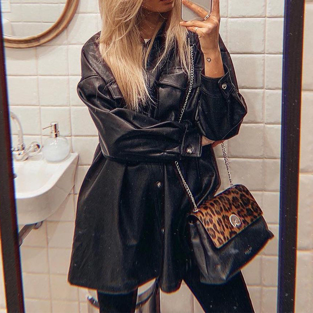 Leather jacket thinned lace waist PU leather long-sleeved dress Saor Style