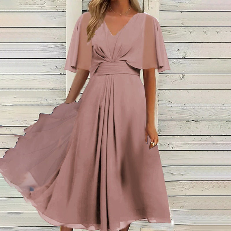 Fashion Solid Color And V-neck Waist Trimming Casual Large Swing Dress Saor Style