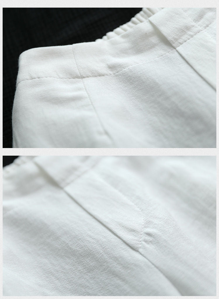 Elastic Waist Cotton And Linen Cropped Wide-leg Pants