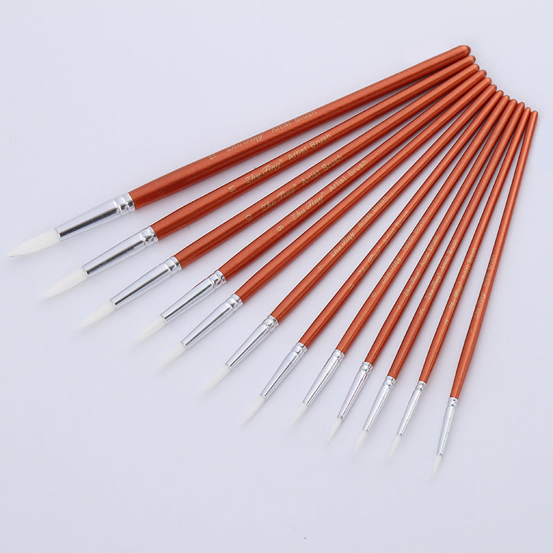 12Pcs  Lot Round Shape Nylon Hair Wooden Handle Paint Brush Set Tool For Art School Watercolor Acrylic Painting GND Products