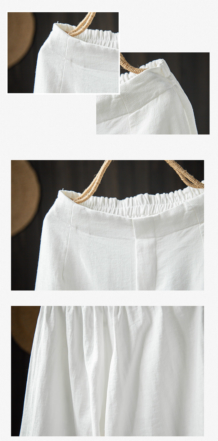 Elastic Waist Cotton And Linen Cropped Wide-leg Pants
