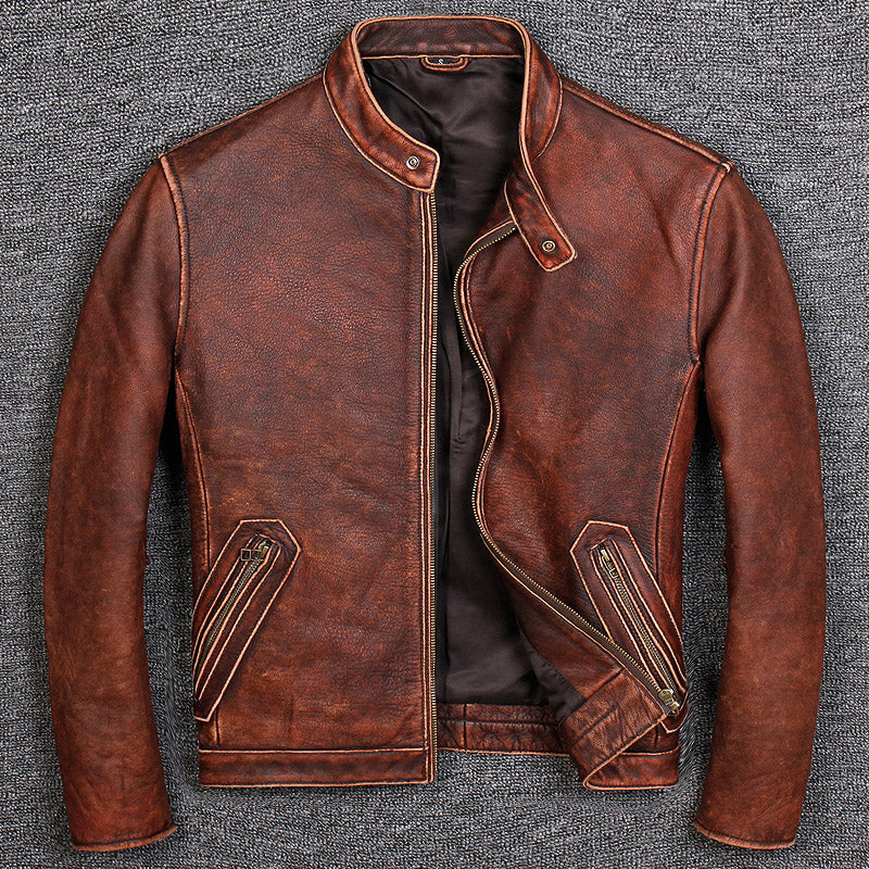 First Layer Cowhide Leather Leather Jacket, Pure Leather Jacket Saor Style
