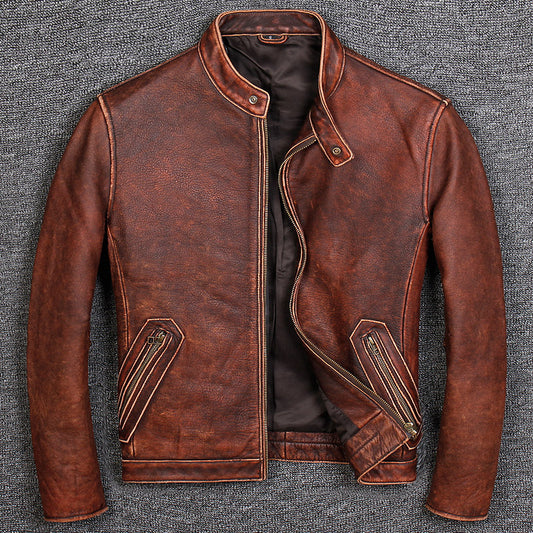 First Layer Cowhide Leather Leather Jacket, Pure Leather Jacket Saor Style