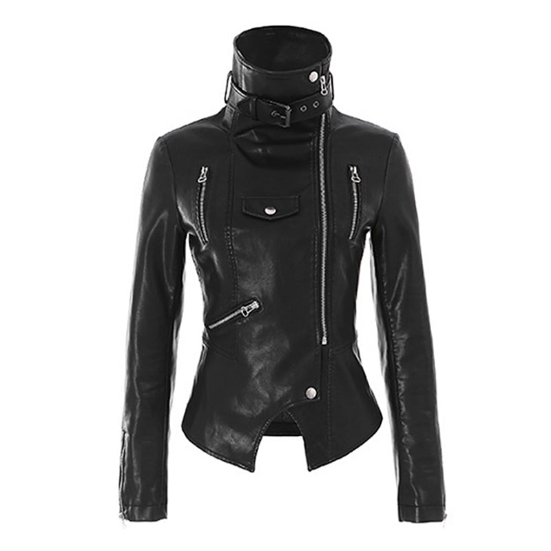 Leather women's jacket autumn new Korean students Slim thin motorcycle leather jacket high waist Saor Style