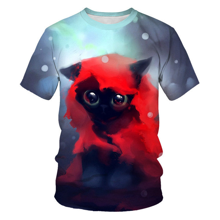 Men And Women Adult Children Cartoon Animal Cat Casual Loose Short Sleeves Saor Style