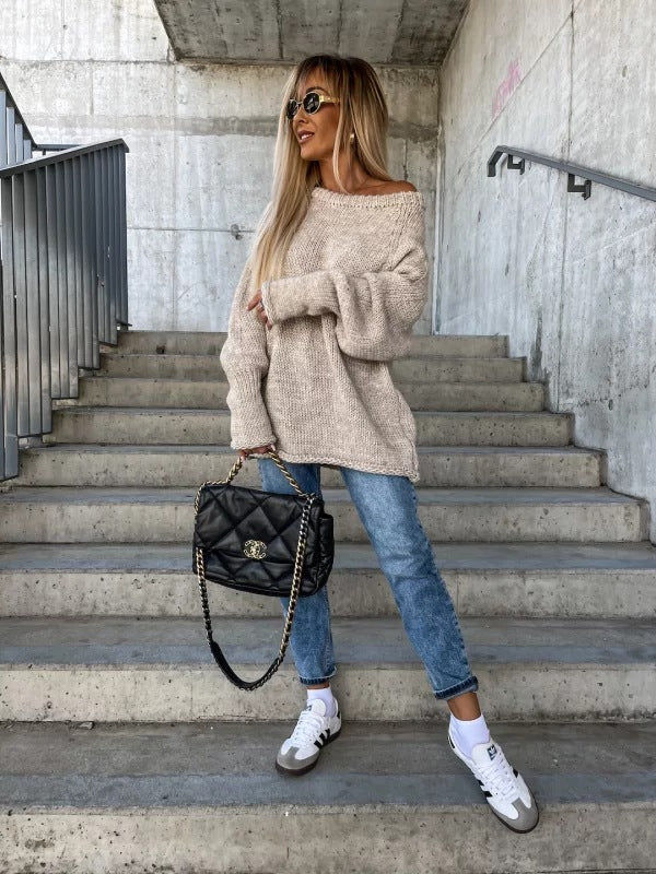 Strapless Round Neck Pullover Knitting Temperament Commute Loose Sweater Saor Style
