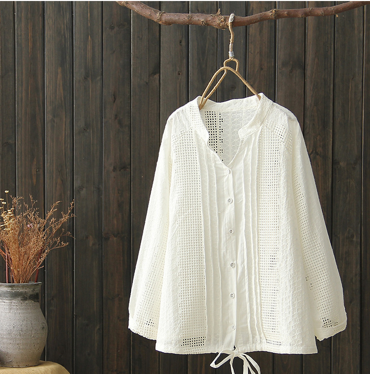 Embroidered Hollow Pure Color Shirts Cerulean Phaedra
