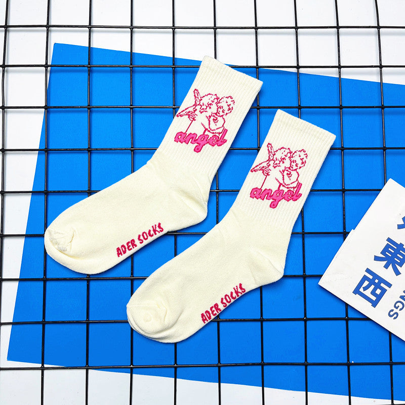 Angel Mid Tube Simplified Letters Sports Casual Trend Socks