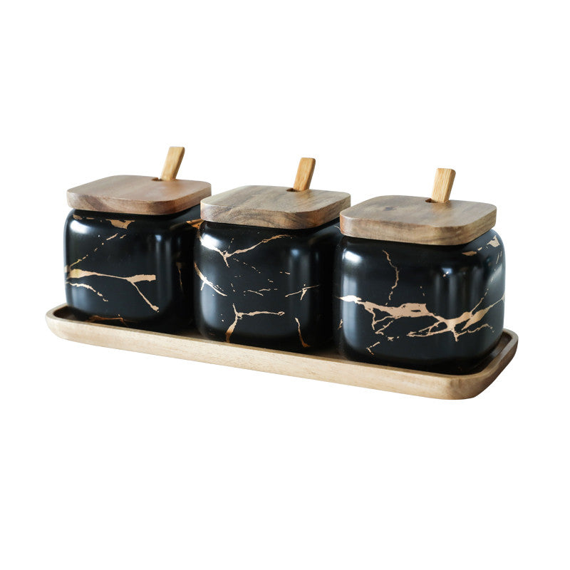 Gold Marble Jar Set with Wooden Lid