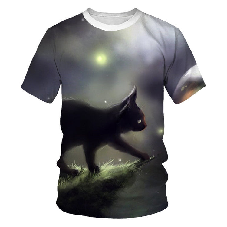 Men And Women Adult Children Cartoon Animal Cat Casual Loose Short Sleeves Saor Style