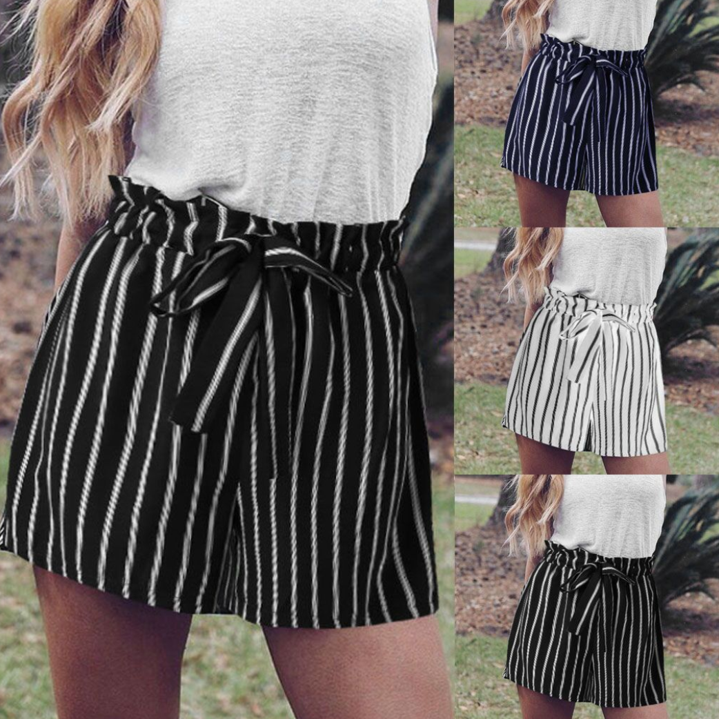 SweatyRocks Black High Waist Bow Decor Striped Paperbag Shorts Women Streetwear Wide Leg Casual Shorts Womens Summer Shorts