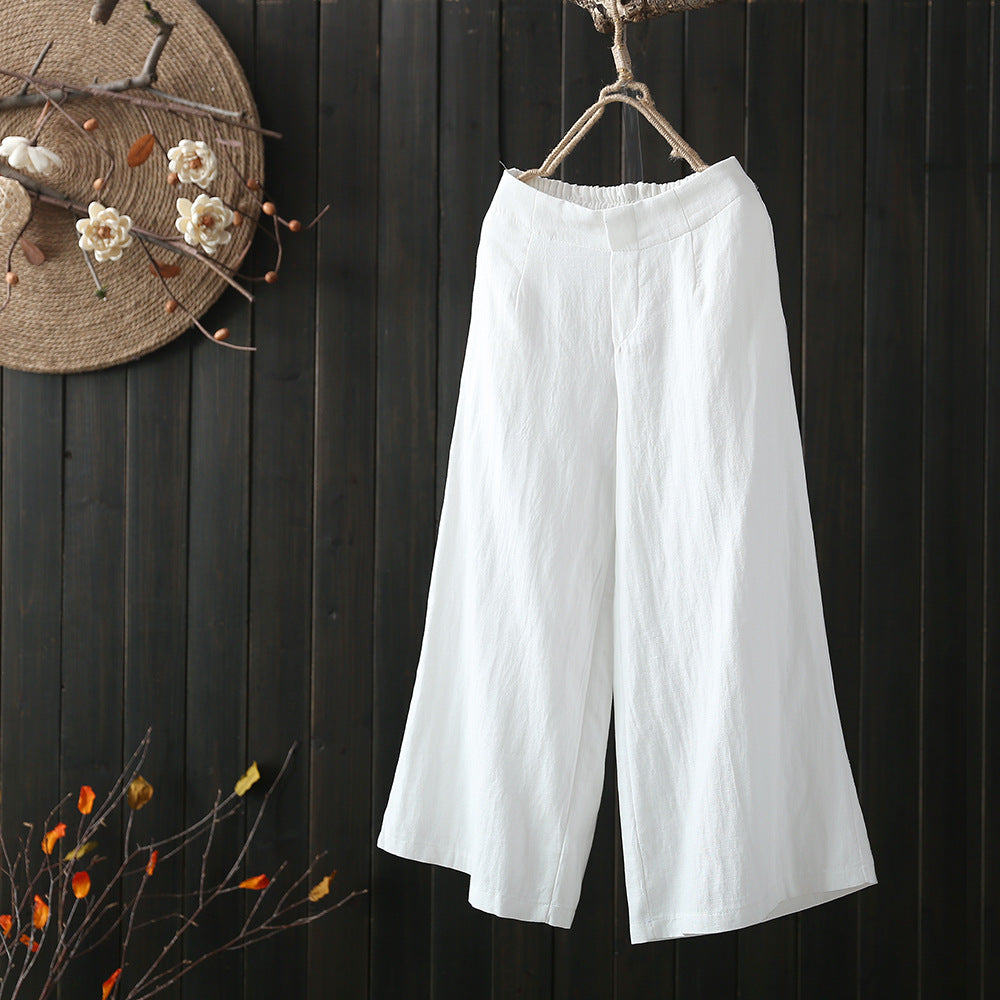 Elastic Waist Cotton And Linen Cropped Wide-leg Pants
