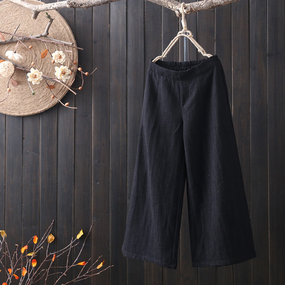 Elastic Waist Cotton And Linen Cropped Wide-leg Pants
