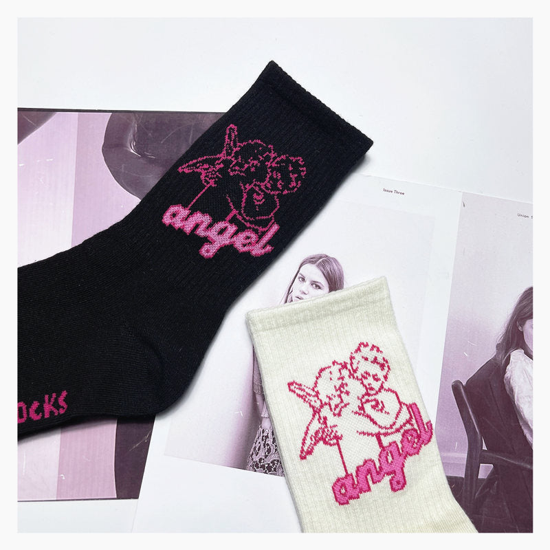 Angel Mid Tube Simplified Letters Sports Casual Trend Socks