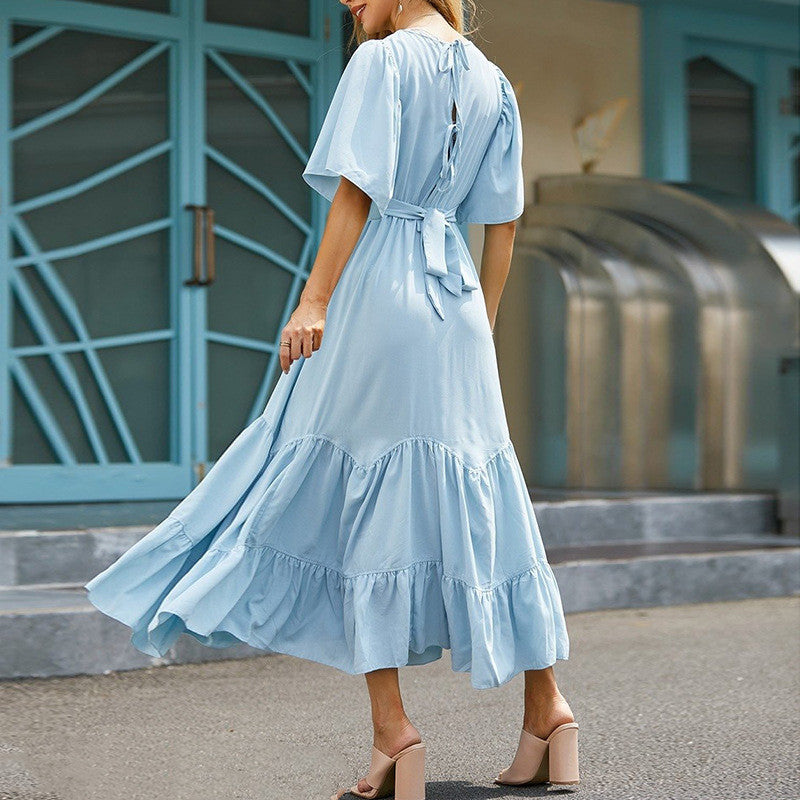 Women's Fashion V-neck Slim Ruffle Sleeve Dress Saor Style